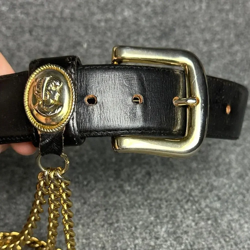 Vintage Avignon black leather chain belt SM gold medallion old money Renaissance